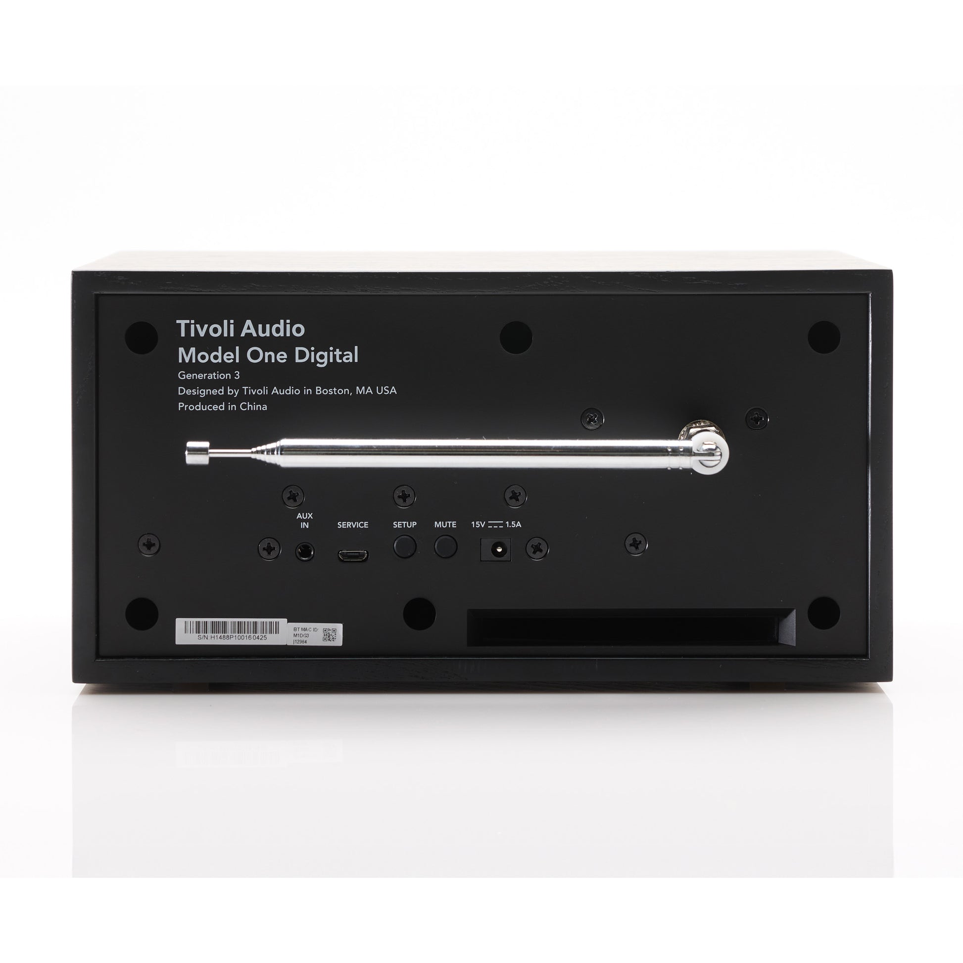 Back of black Tivoli Audio Model One Digital Gen 3 on white background