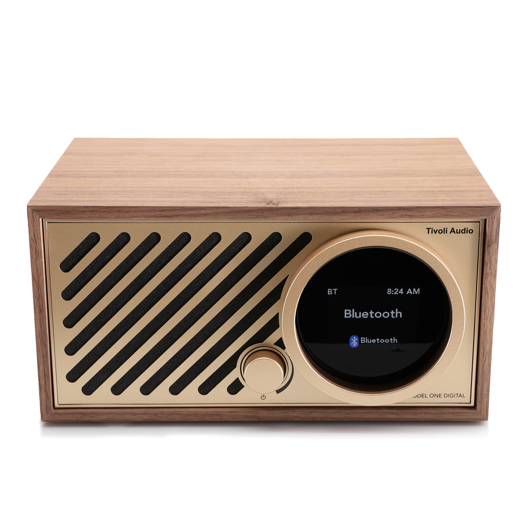 Top view of walnut Tivoli Audio Model One Digital Gen 3 on white background