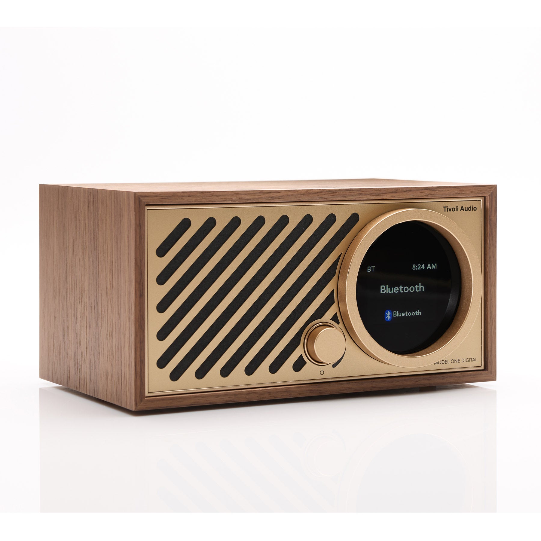 Angle view of walnut Tivoli Audio Model One Digital Gen 3 on white background