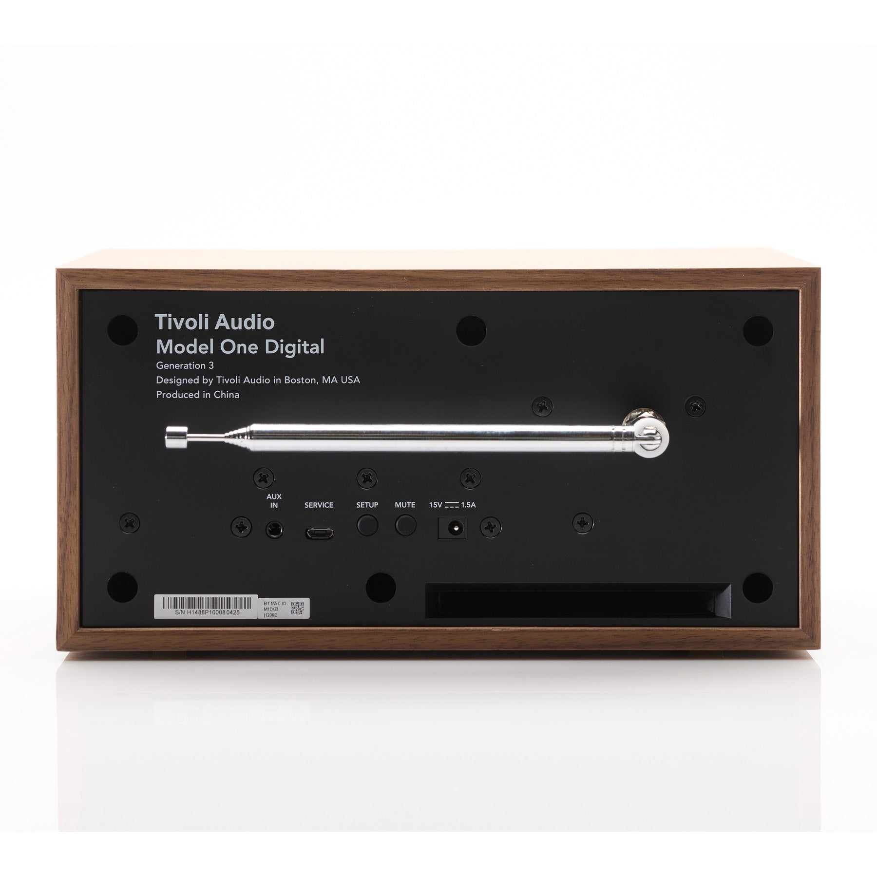 Back of walnut Tivoli Audio Model One Digital Gen 3 on white background