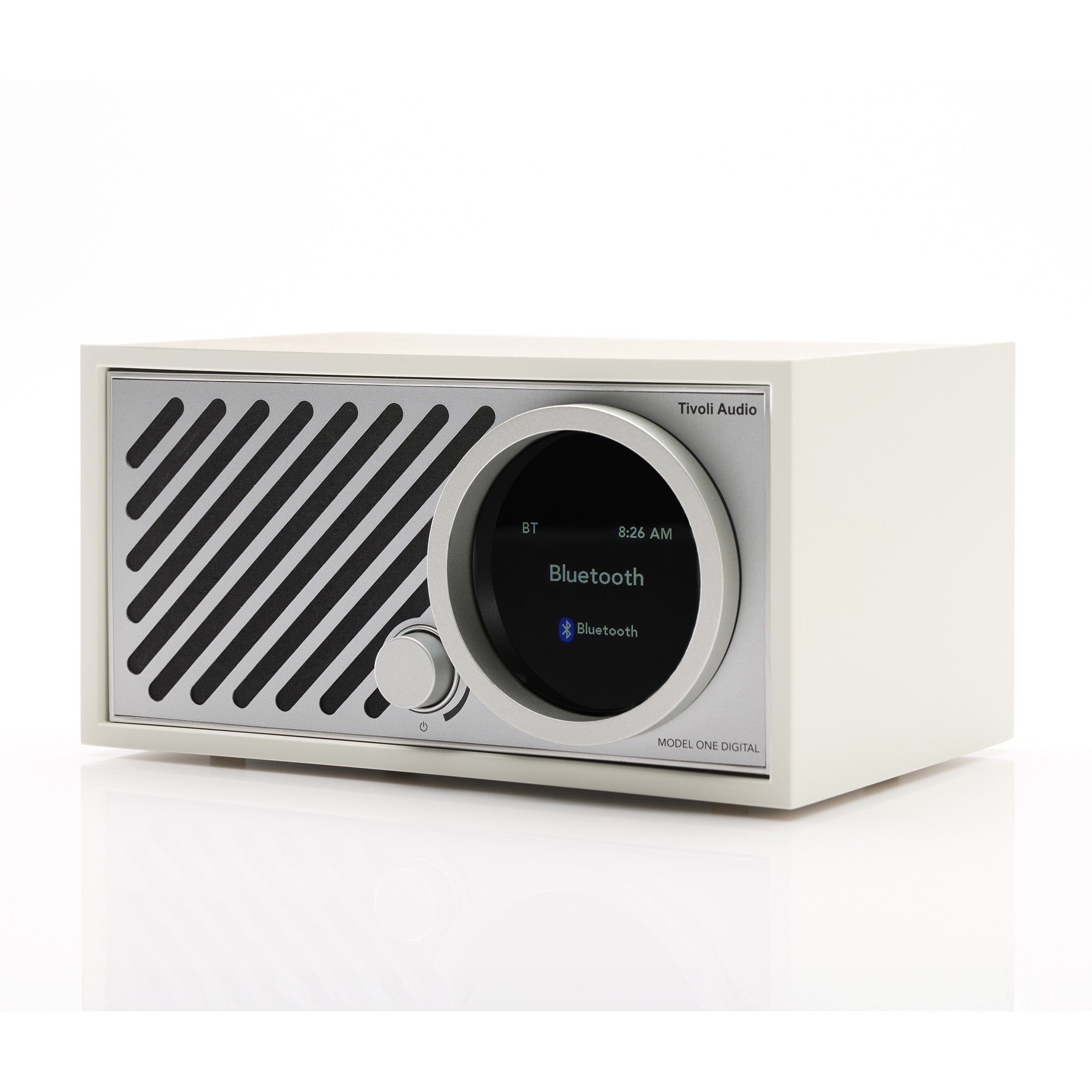 Angle of white Tivoli Audio Model One Digital Gen 3 on white background