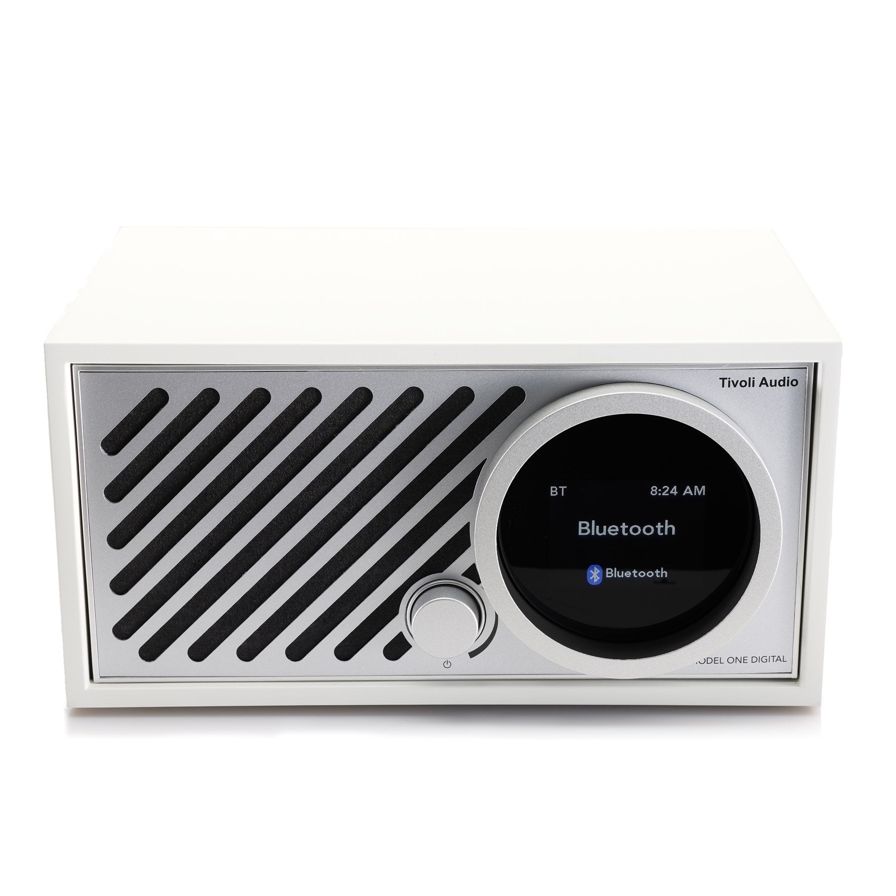 Top view of white Tivoli Audio Model One Digital Gen 3 on white background