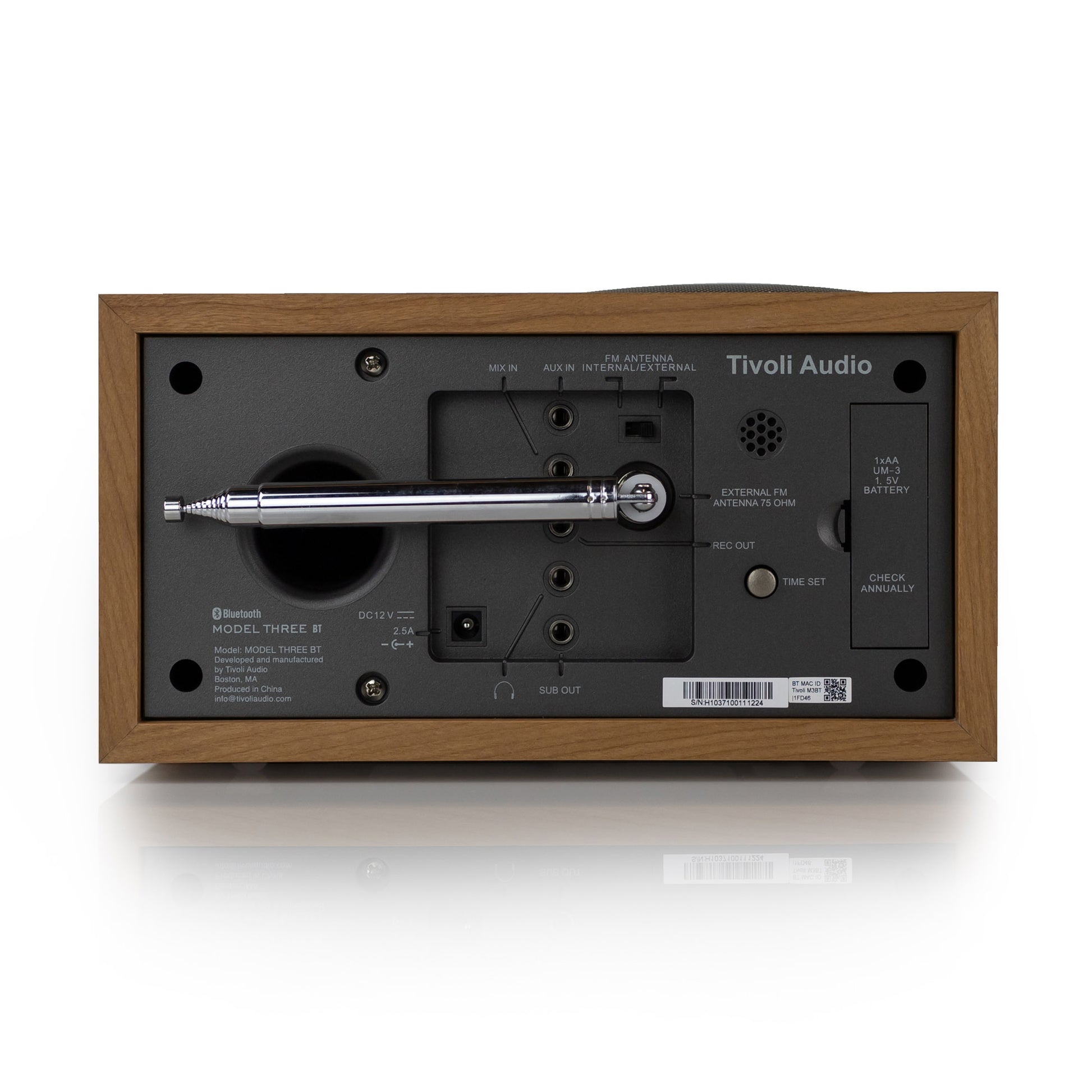 Back view of Tivoli Audio Model Three BT with USB-C , showing antenna in cherry