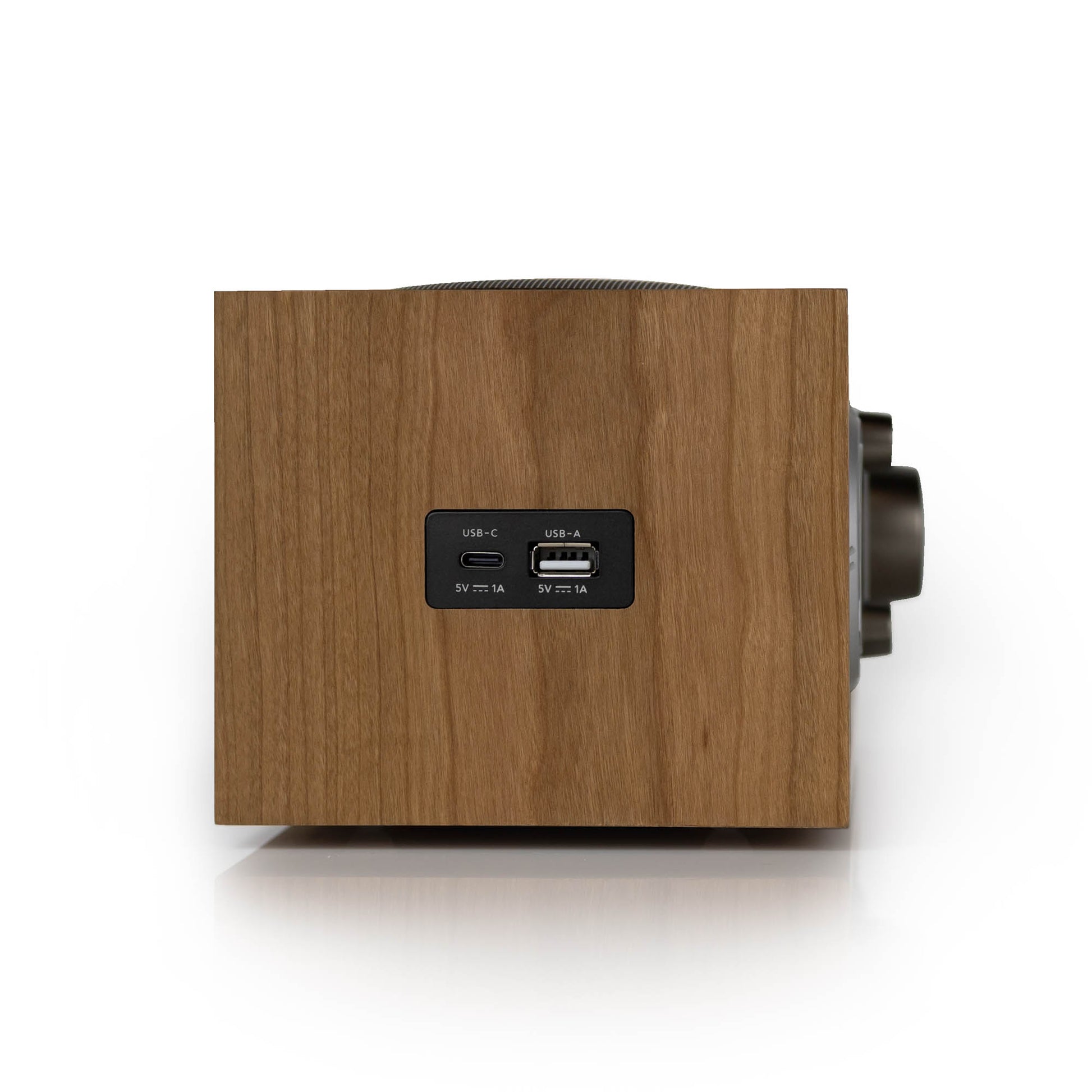 Tivoli Audio Model Three BT with USB-C on side showing usb port in cherry
