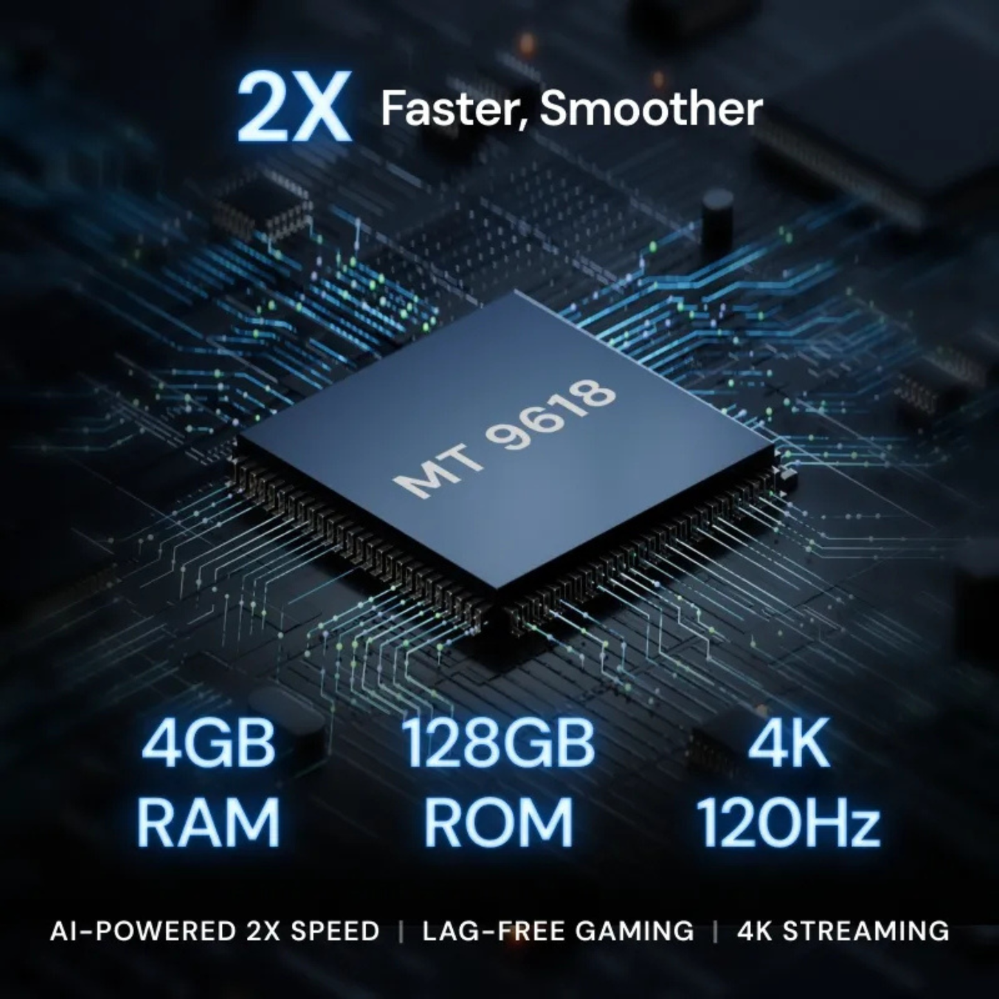 Electronic chip with specifications on a circuit board background