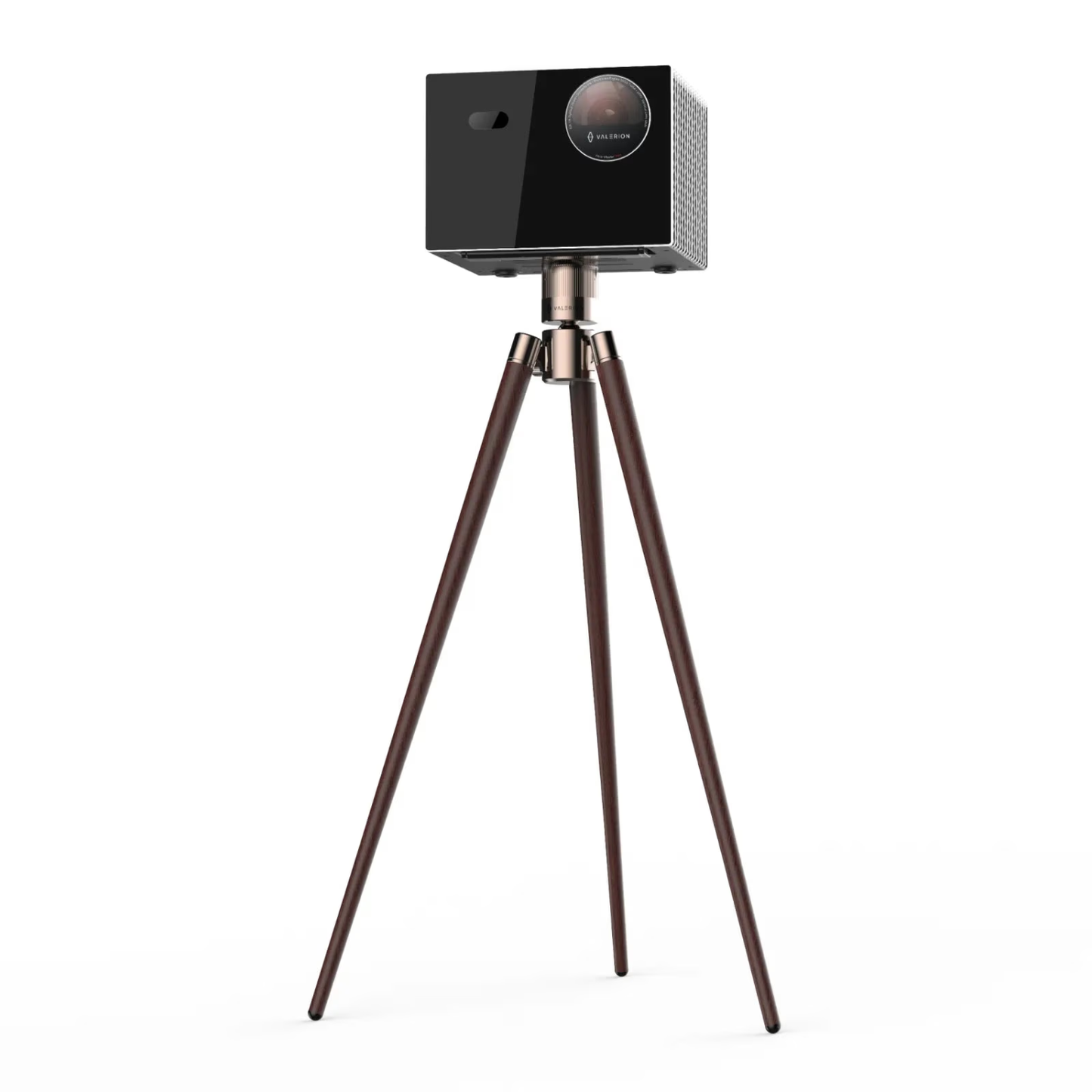 Valerion Walnut Tripod Stand with projector on white background