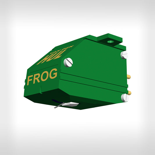 A green moving coil phono cartridge with 'FROG' printed on its side.
