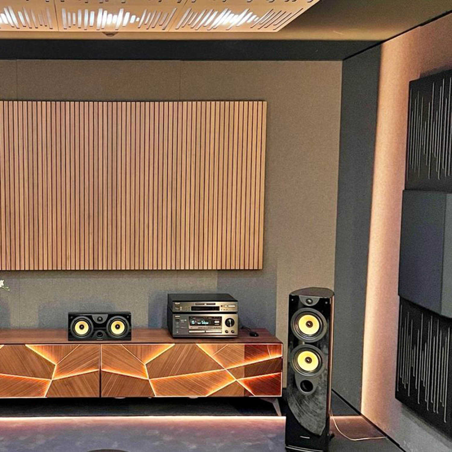 Vicoustic acoustic panels on wall with hifi system