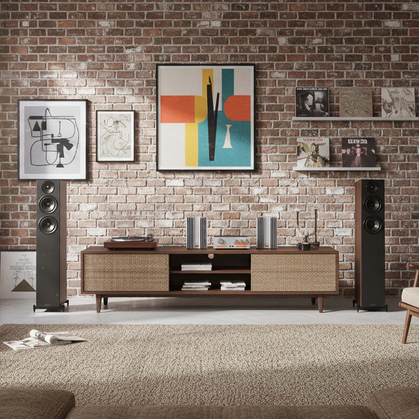 Living room with brick wall, furniture, and decorative items