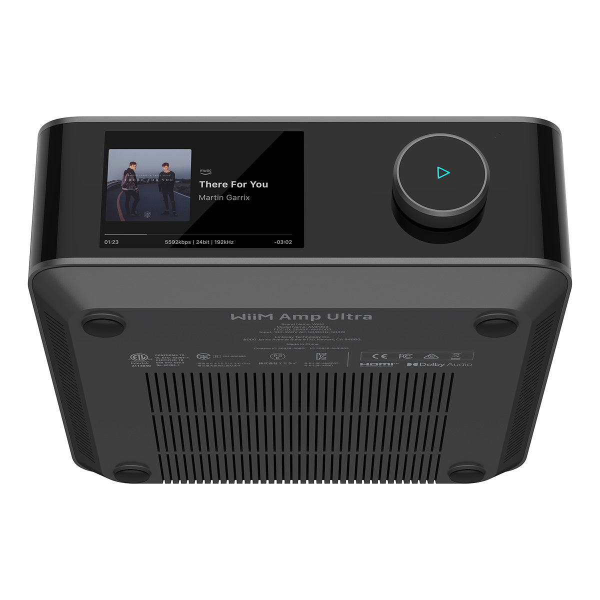 WiiM Amp Ultra Streaming Amplifier with display and control buttons on a white background