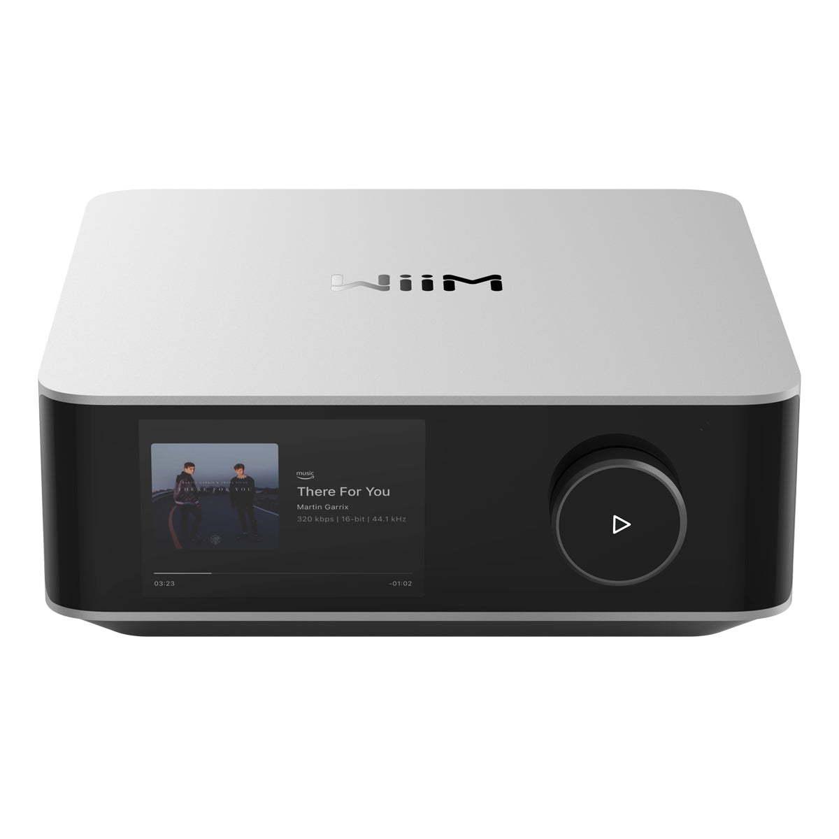 Front view of silver WiiM Amp Ultra Streaming Amplifier on white background