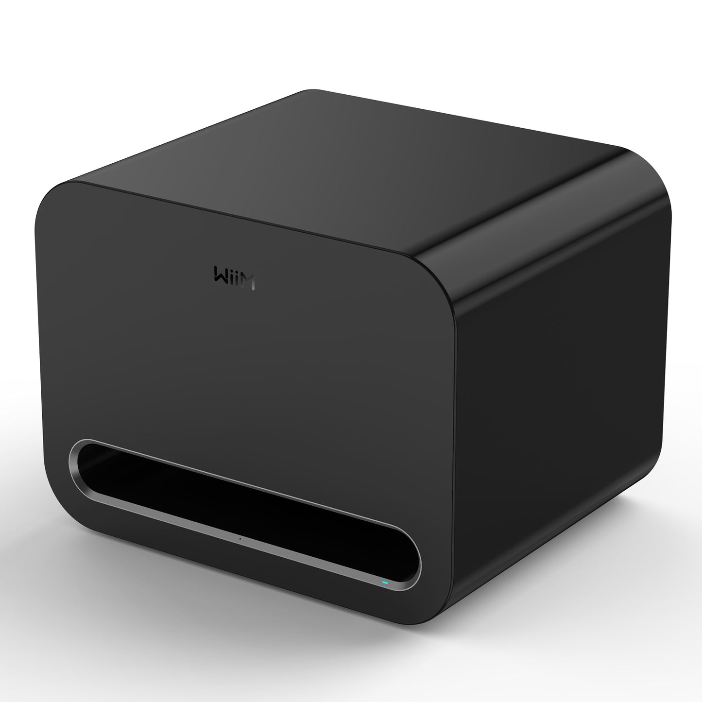 Black WiiM Sub Pro Subwoofer on angle on white background