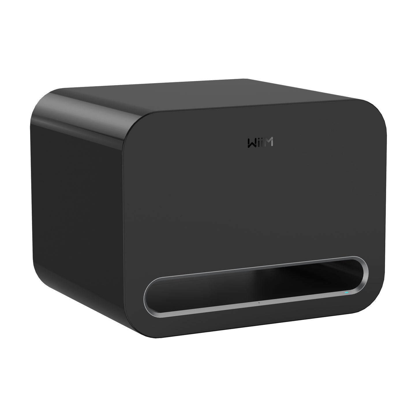 Angle view of Black WiiM Sub Pro Subwoofer on white background