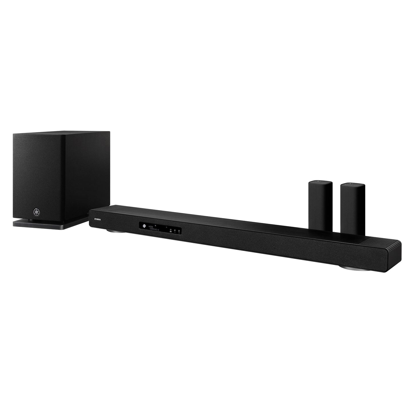 Black soundbar with subwoofer and speakers on a white background