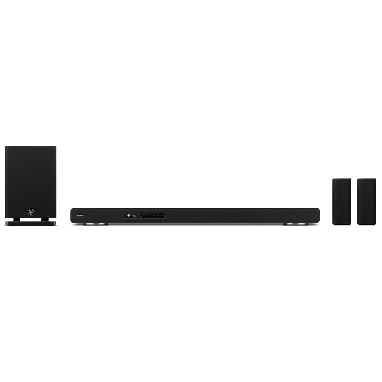 Black home theater system with subwoofer and speakers on a white background