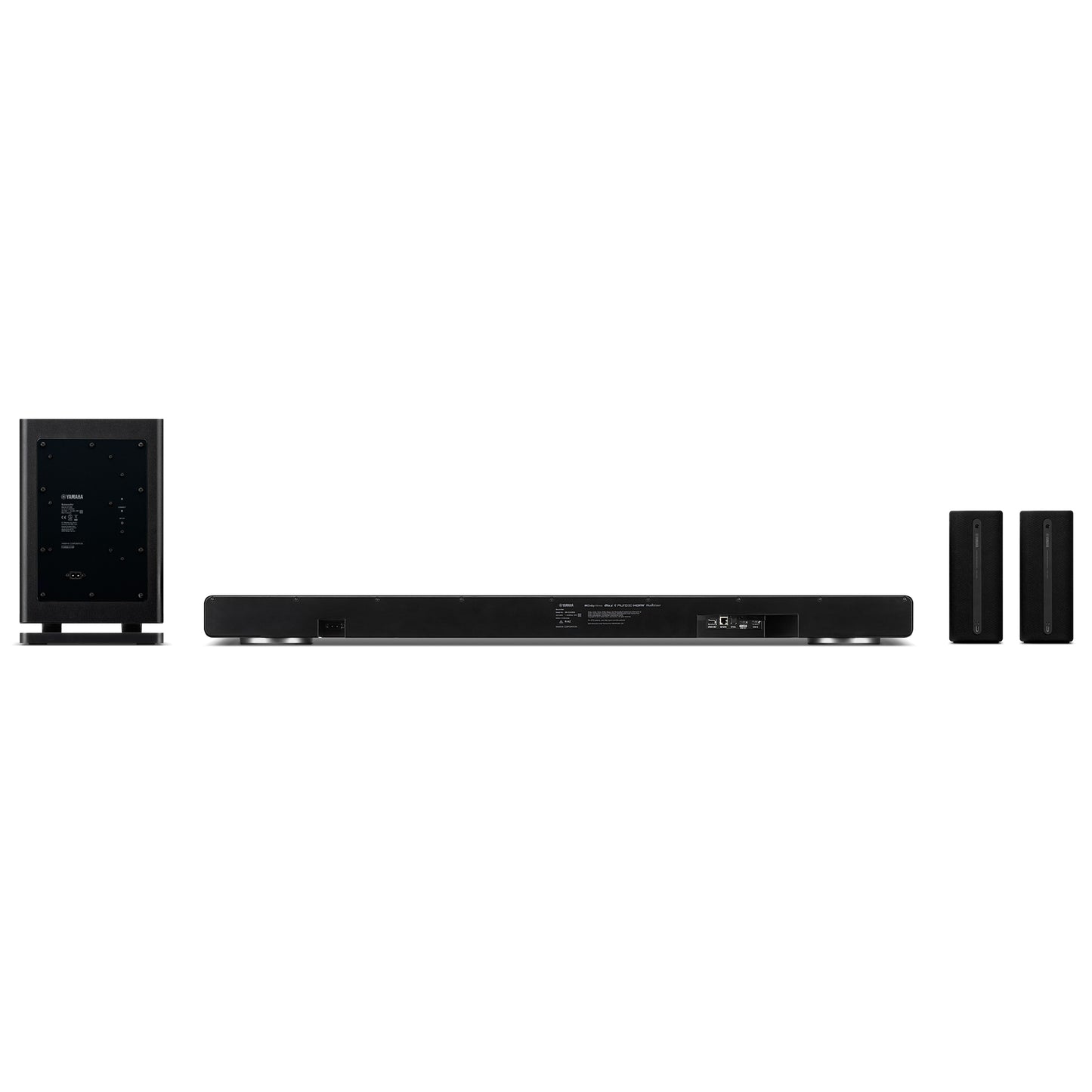 Black home theater system with subwoofer and speakers on a white background