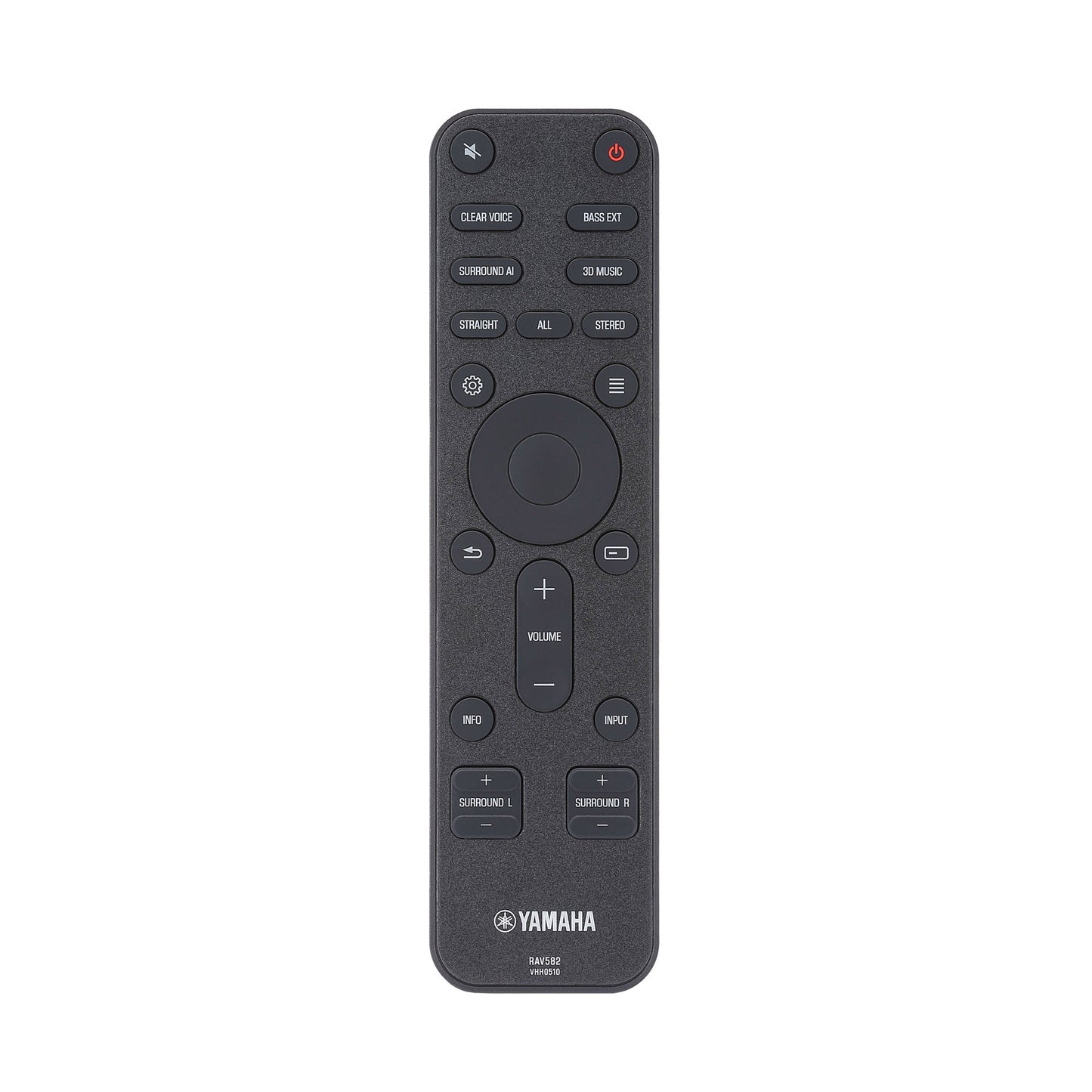 Black Yamaha remote control on a white background
