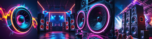 range of speakers with bright colours on a black background