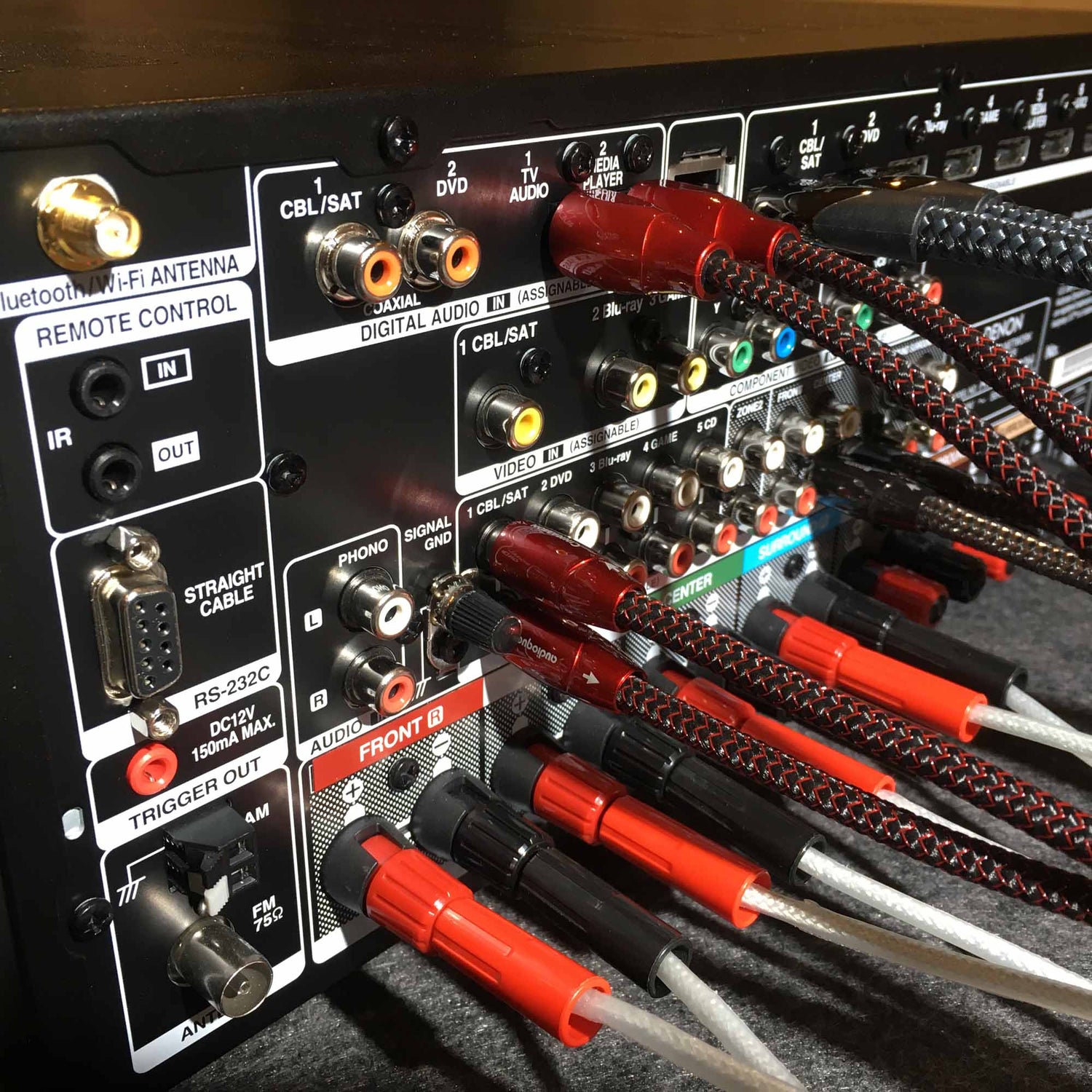 Cables plugged into amplifier