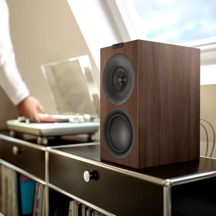 Bookshelf speaker and turntable on shelf