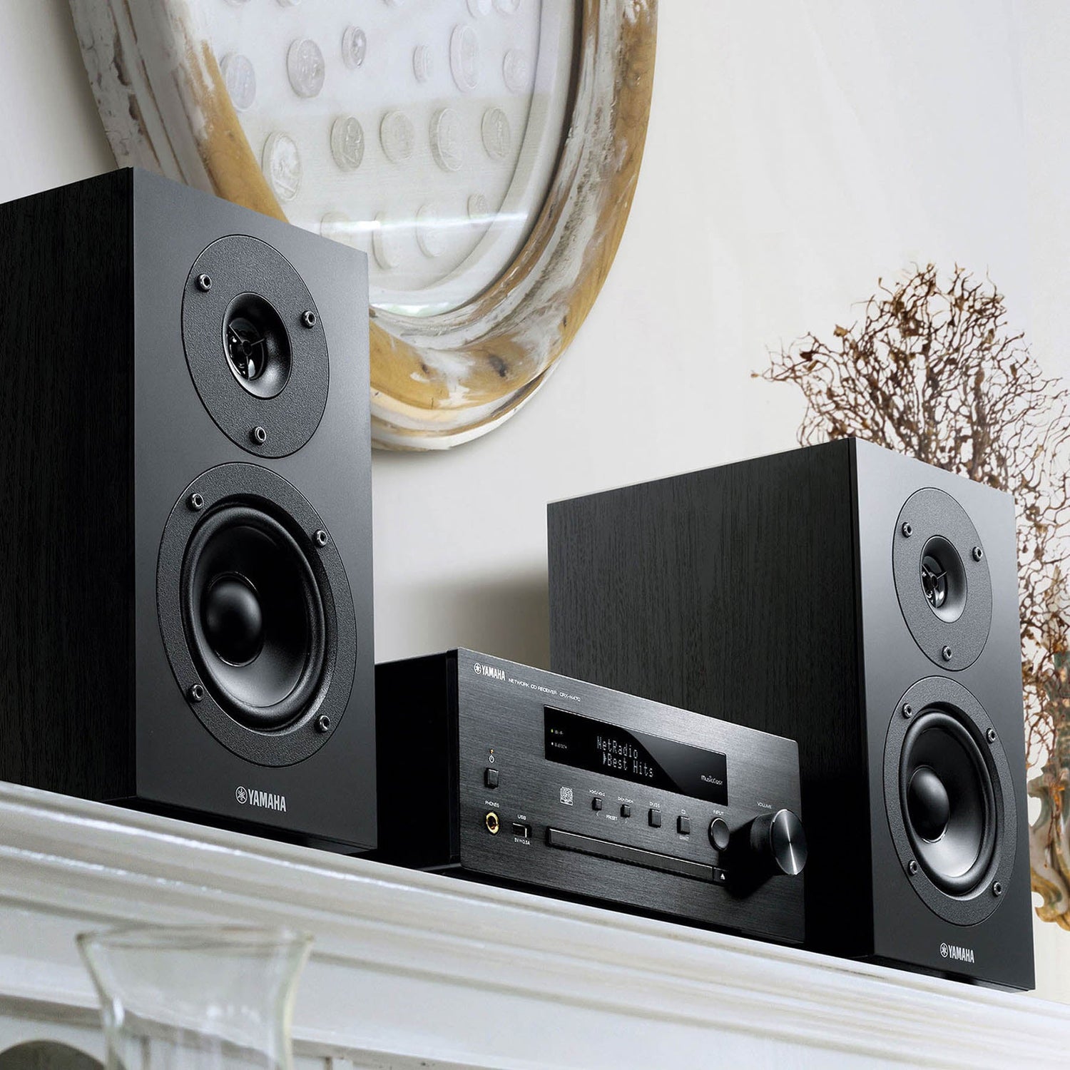 stereo system on shelf