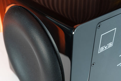 Close-up of SVS 3000 Micro R|Evolution Subwoofer with a brand logo on a white background