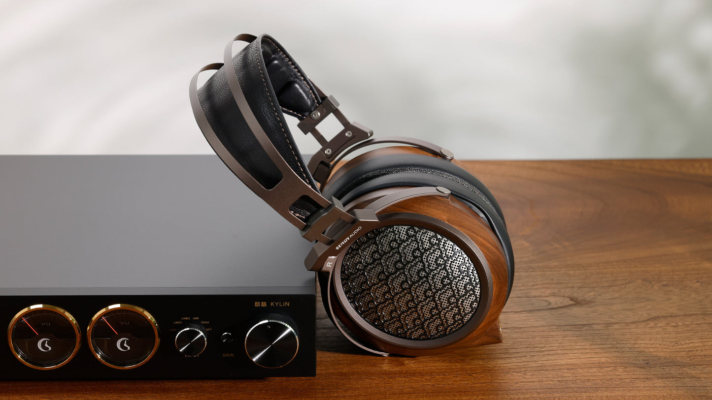 Sivga Egret Planar Magnetic Headphones next to headphone amp