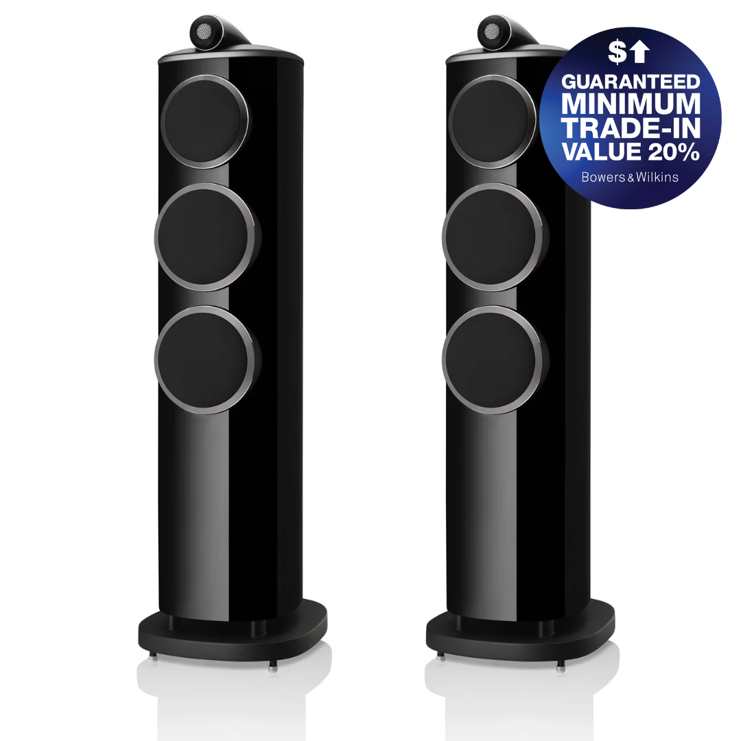 Two black Bowers & Wilkins floorstanding speakers shown side by side on a white background, with a blue promotional badge in the top right corner.
