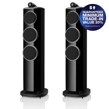 Two black Bowers & Wilkins floorstanding speakers shown side by side on a white background, with a blue promotional badge in the top right corner.