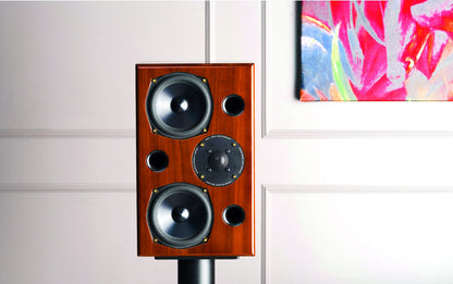 A wooden speaker cabinet with two large woofers and a central tweeter, mounted on a stand against a white paneled wall with a colorful abstract painting partially visible.