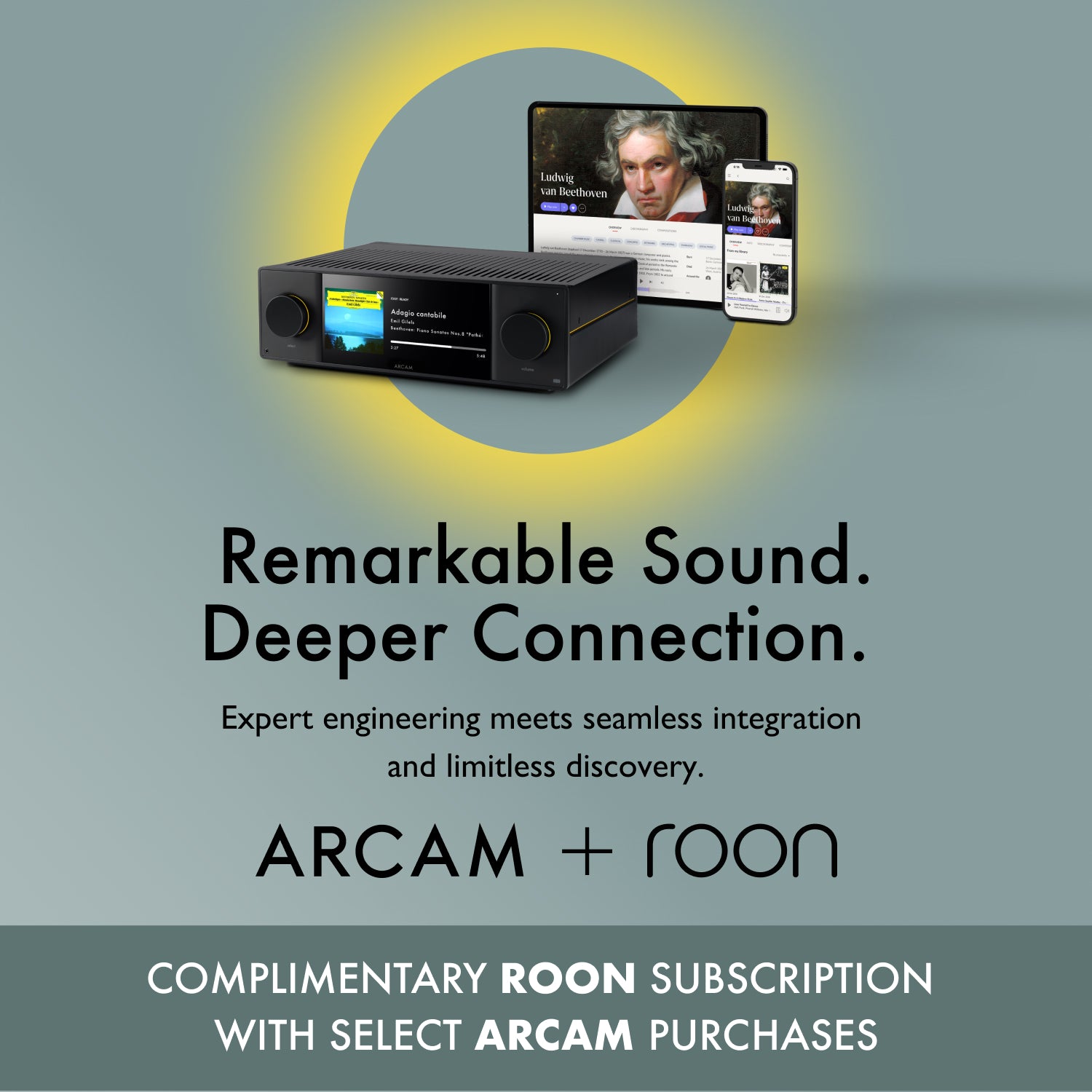Advertisement for ARCAM and Roon with audio equipment and text on a gray background