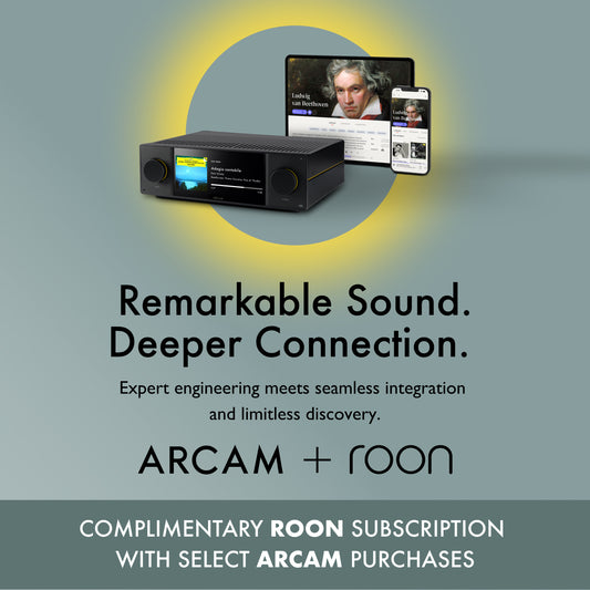Advertisement for ARCAM and Roon with audio equipment and text on a gray background