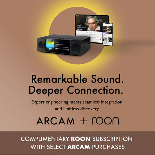 Audio equipment with text about remarkable sound and deeper connection, featuring ARCAM and Roon branding.