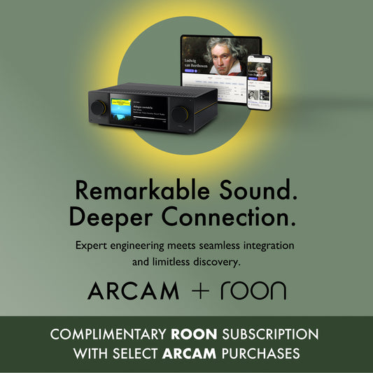 Advertisement for ARCAM and Roon with audio equipment and text on a green background