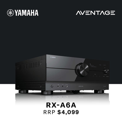 Yamaha Aventage RX-A6A audio receiver on a reflective surface with Yamaha logo above