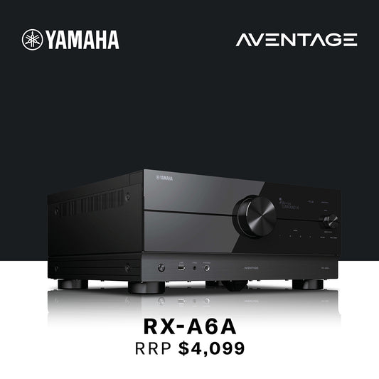Yamaha Aventage RX-A6A audio receiver on a reflective surface with Yamaha logo above