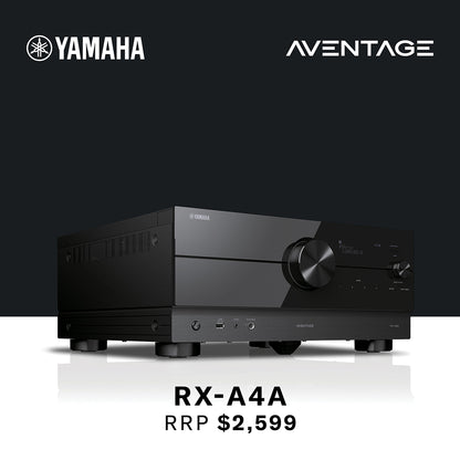Yamaha Aventage RX-A4A audio receiver on a reflective surface with Yamaha and Aventage logos above.