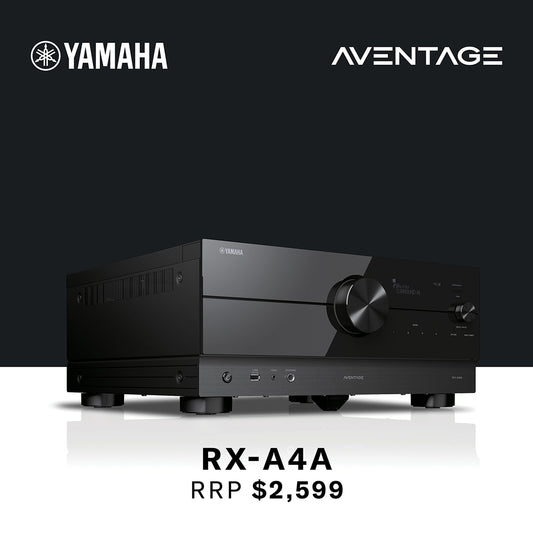 Yamaha Aventage RX-A4A audio receiver on a reflective surface with Yamaha and Aventage logos above.