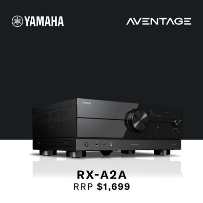 Yamaha Aventage RX-A2A audio receiver on a black background with Yamaha and Aventage logos.