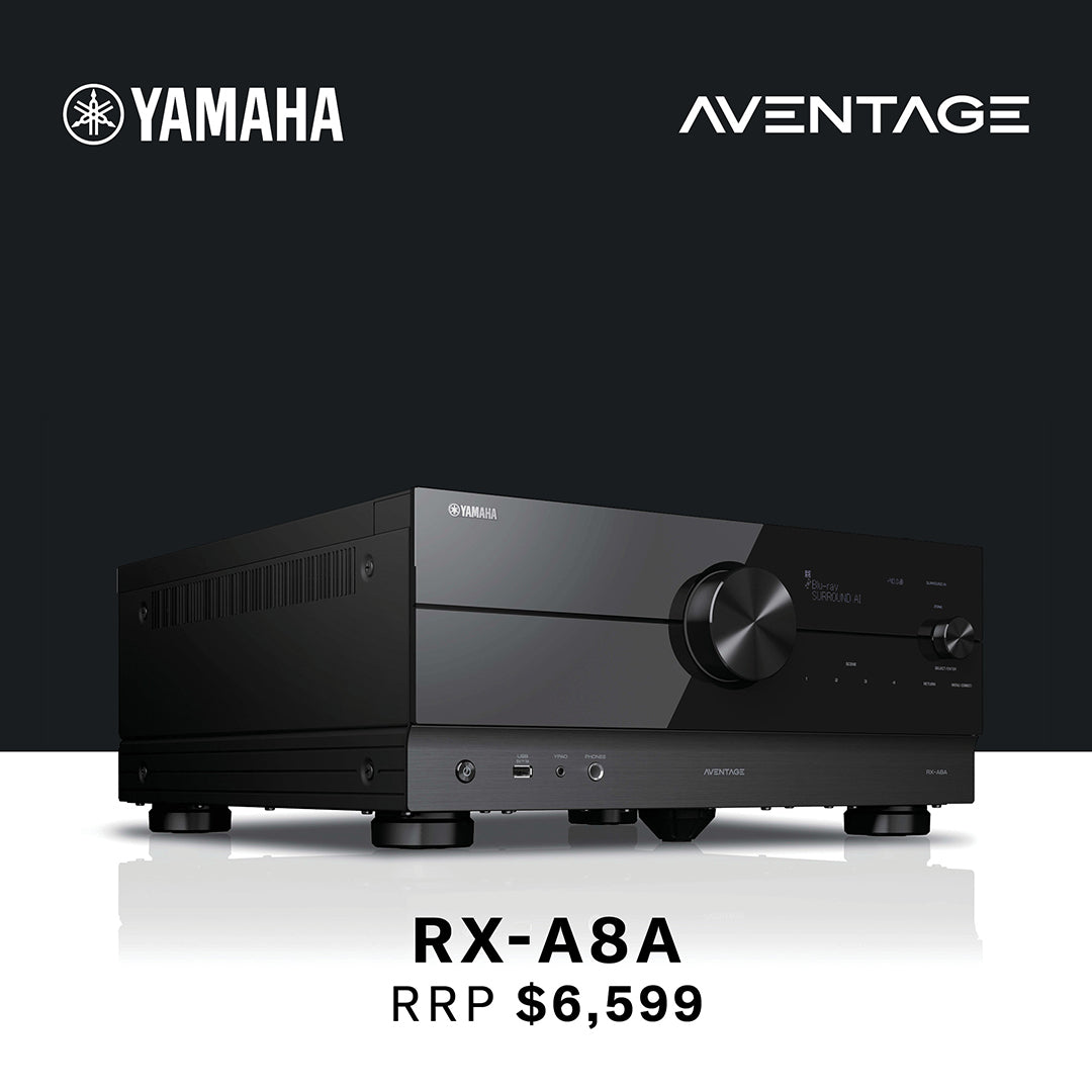 Yamaha Aventage RX-A8A audio receiver on a black background with Yamaha logo.