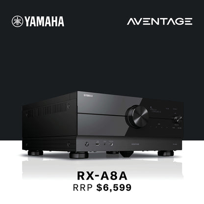 Yamaha Aventage RX-A8A audio receiver on a black background with Yamaha logo.
