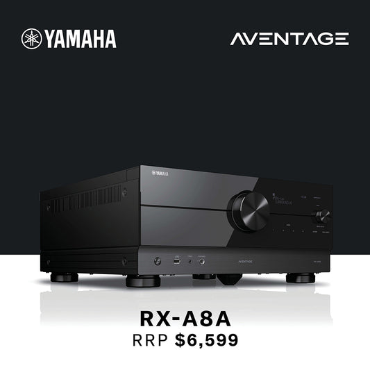 Yamaha Aventage RX-A8A audio receiver on a black background with Yamaha logo.