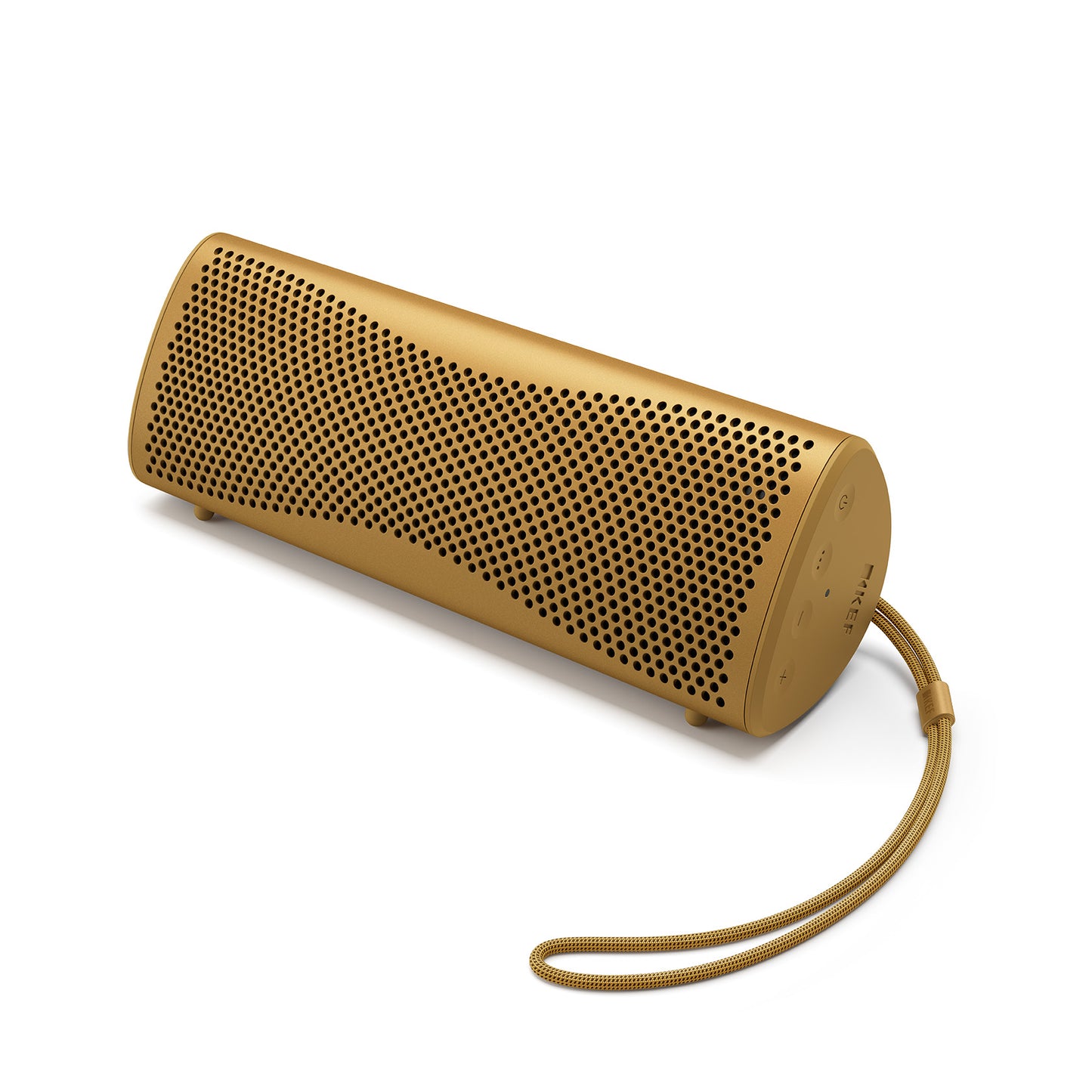 Gold portable speaker with a strap on a white background