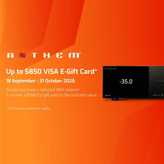 Anthem advertisement with a black electronic device on an orange background