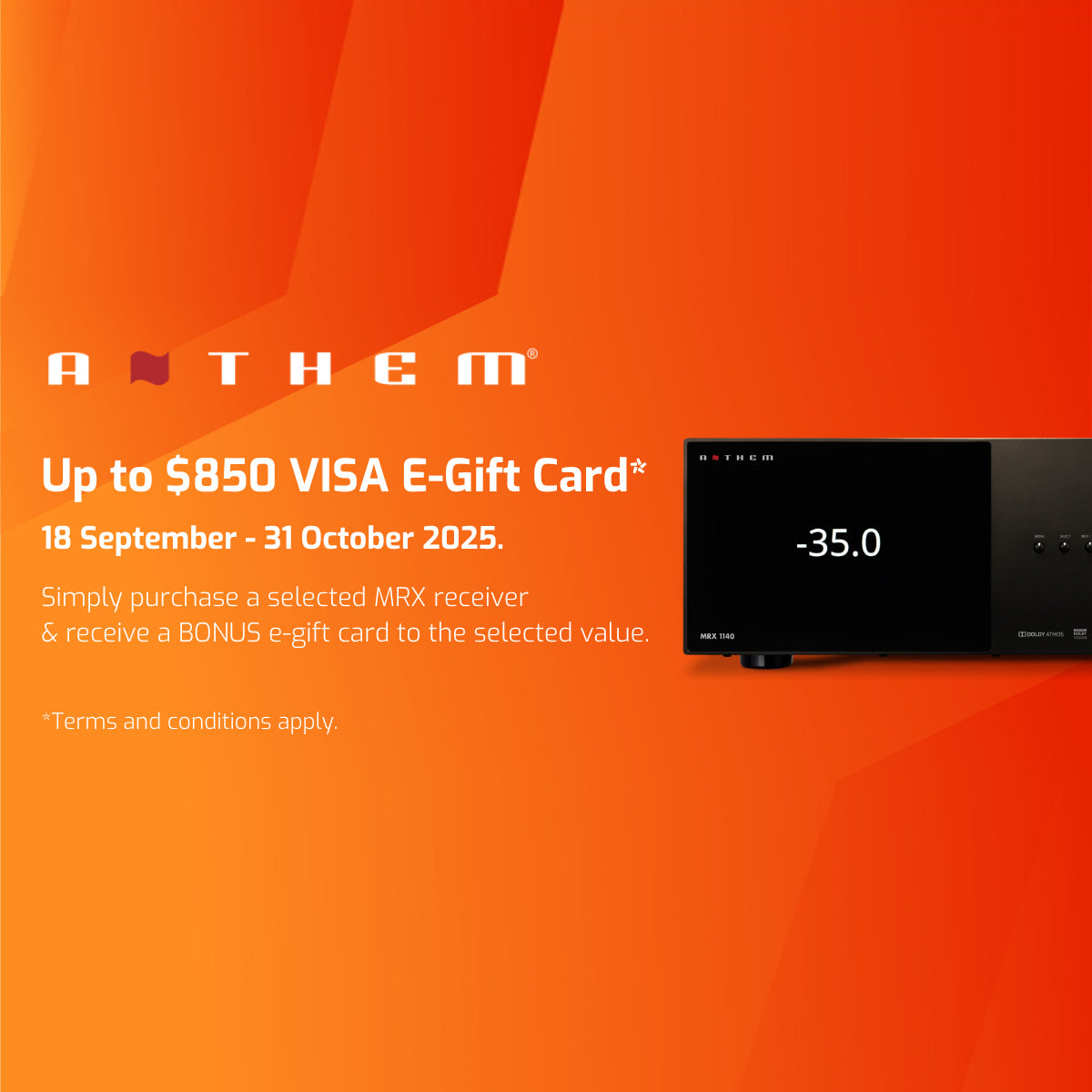Anthem advertisement with a black electronic device on an orange background