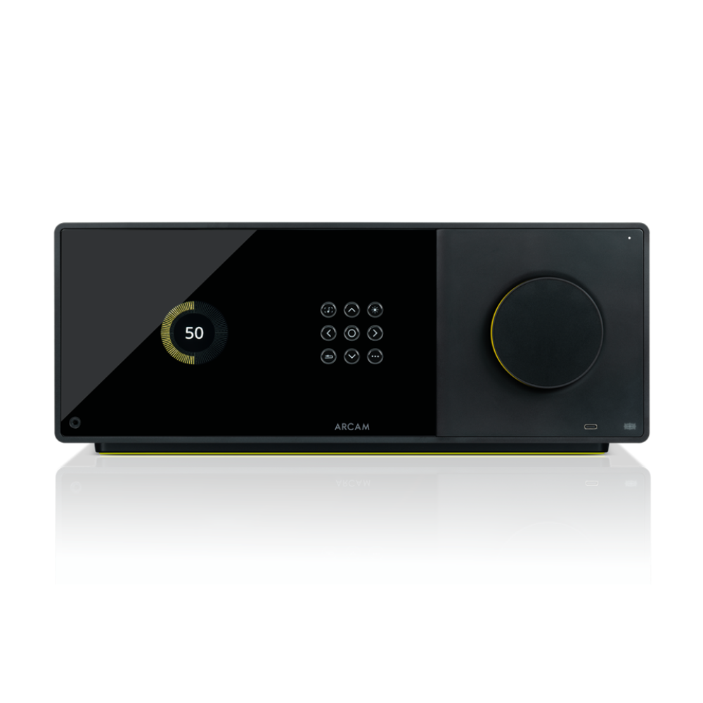 Front view of Arcam AVA15 AV Amplifier on a white background showing display panel