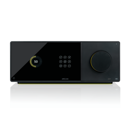 Front view of Arcam AVA15 AV Amplifier on a white background showing display panel