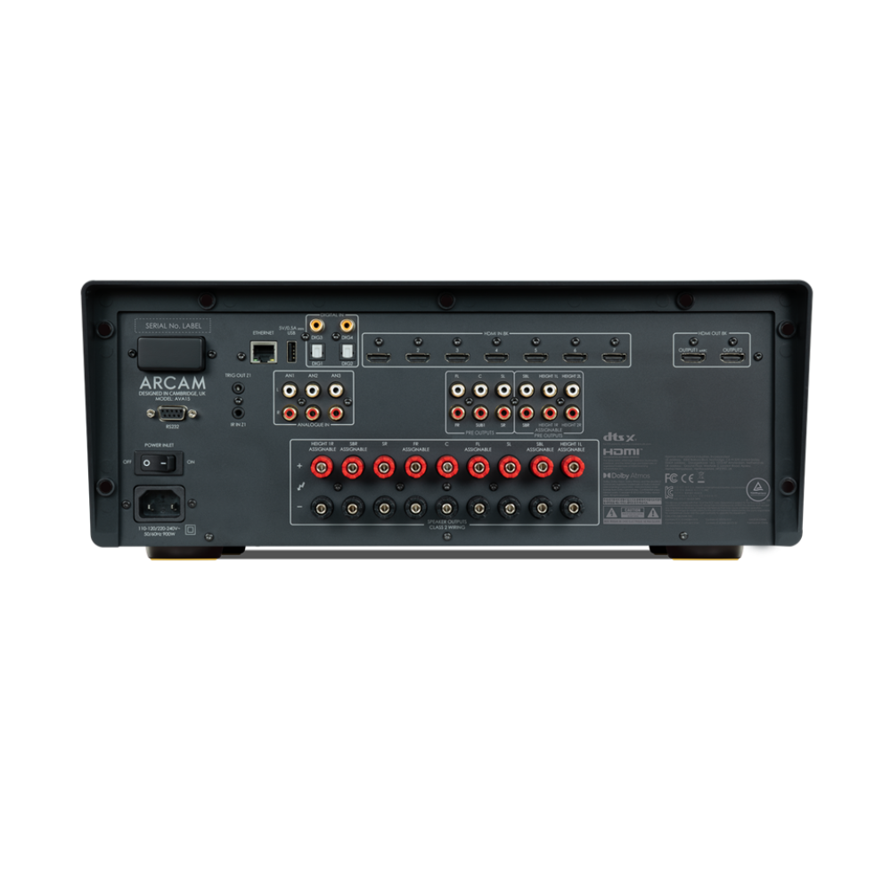 Rear panel of Arcam AVA15 AV Amplifier on a white background