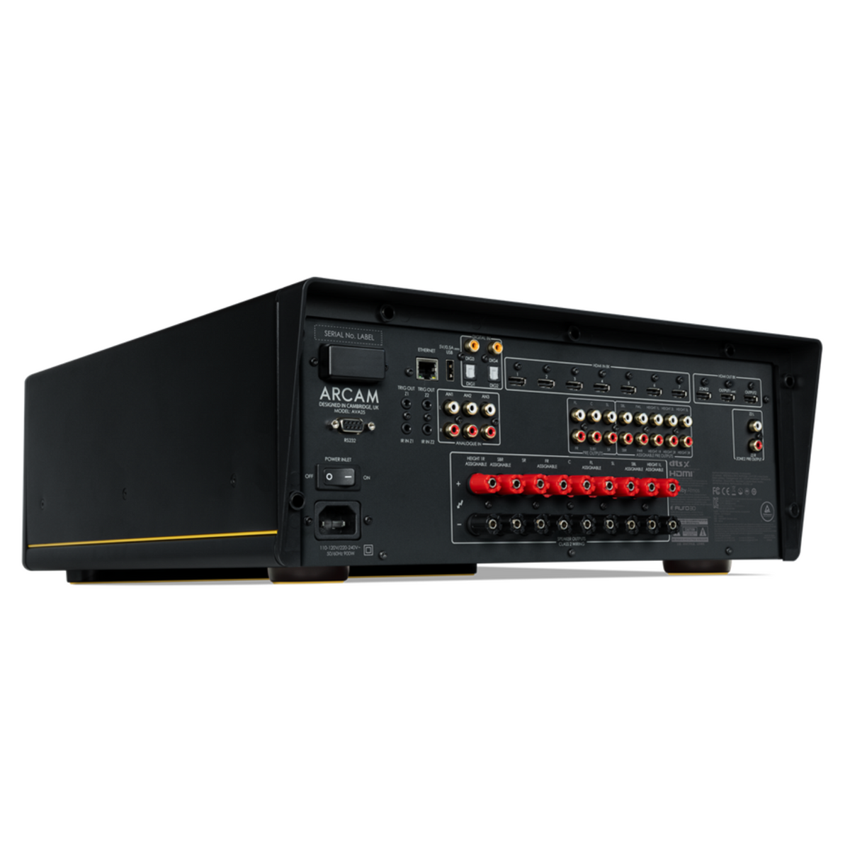 Side view of rear panel of the Arcam AVA25 AV Amplifier on white background