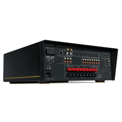Side view of rear panel of the Arcam AVA25 AV Amplifier on white background